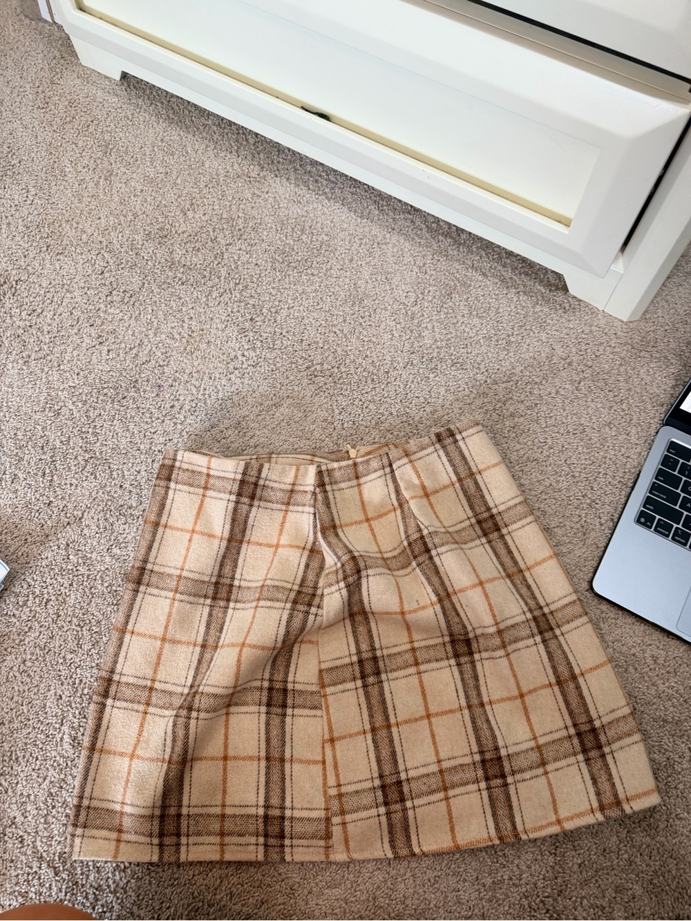 Plaid A-Line Mini Skirt in Beige and Brown